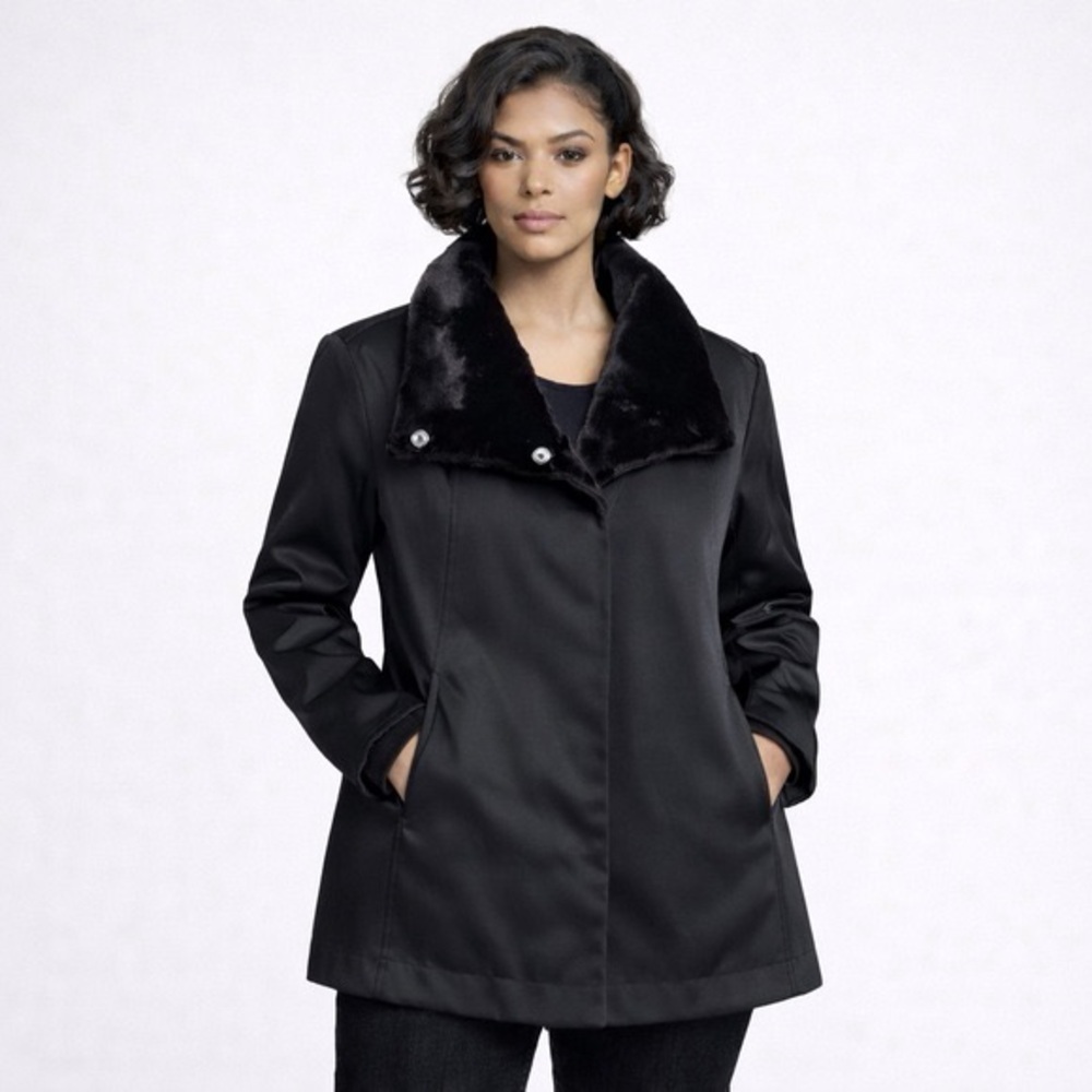 Eileen Fisher Bonded Fleece Black Funnel Neck Lined Jacket Coat med Petite fur